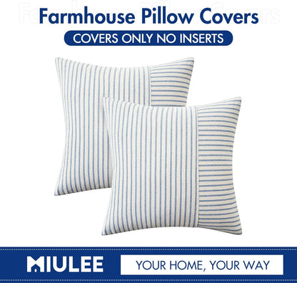 Light Blue and Beige Patchwork Farmhouse Pillow Covers 18X18 Inch, Pack of 2 Striped Linen Spring Decorative Modern Accent Pillow Cases for Sofa Couch Bedroom
