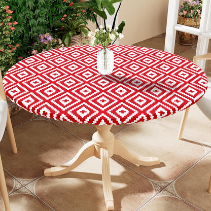 round Picnic Table Cloth, Waterproof Elastic Fitted Outdoor Tablecloths for 36"-44" Tables, Wipeable Flannel Backed Vinyl Table Cover for Camping, Dining and Indoor, Red