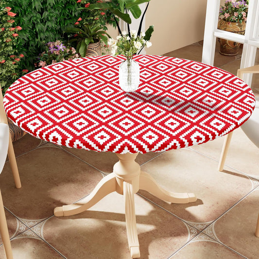 round Picnic Table Cloth, Waterproof Elastic Fitted Outdoor Tablecloths for 36"-44" Tables, Wipeable Flannel Backed Vinyl Table Cover for Camping, Dining and Indoor, Red