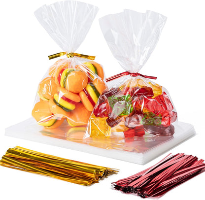 Cello Cellophane Treat Bags, 200 Pcs 4X6 Inches Clear Cellophane Bags with 200 Twist Ties for Gift Wrapping,Packaging Candies,Dessert,Bakery,Party Favors