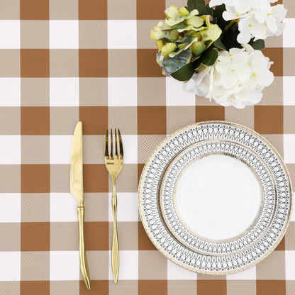 Buffalo Rectangle Picnic Tablecloth, 6 Foot Elastic Fitted Vinyl Table Cloth with Flannel Backing, Waterproof Plaid Table Covers for Dining, Camping, Outdoor (Brown and White, 30" X 72")
