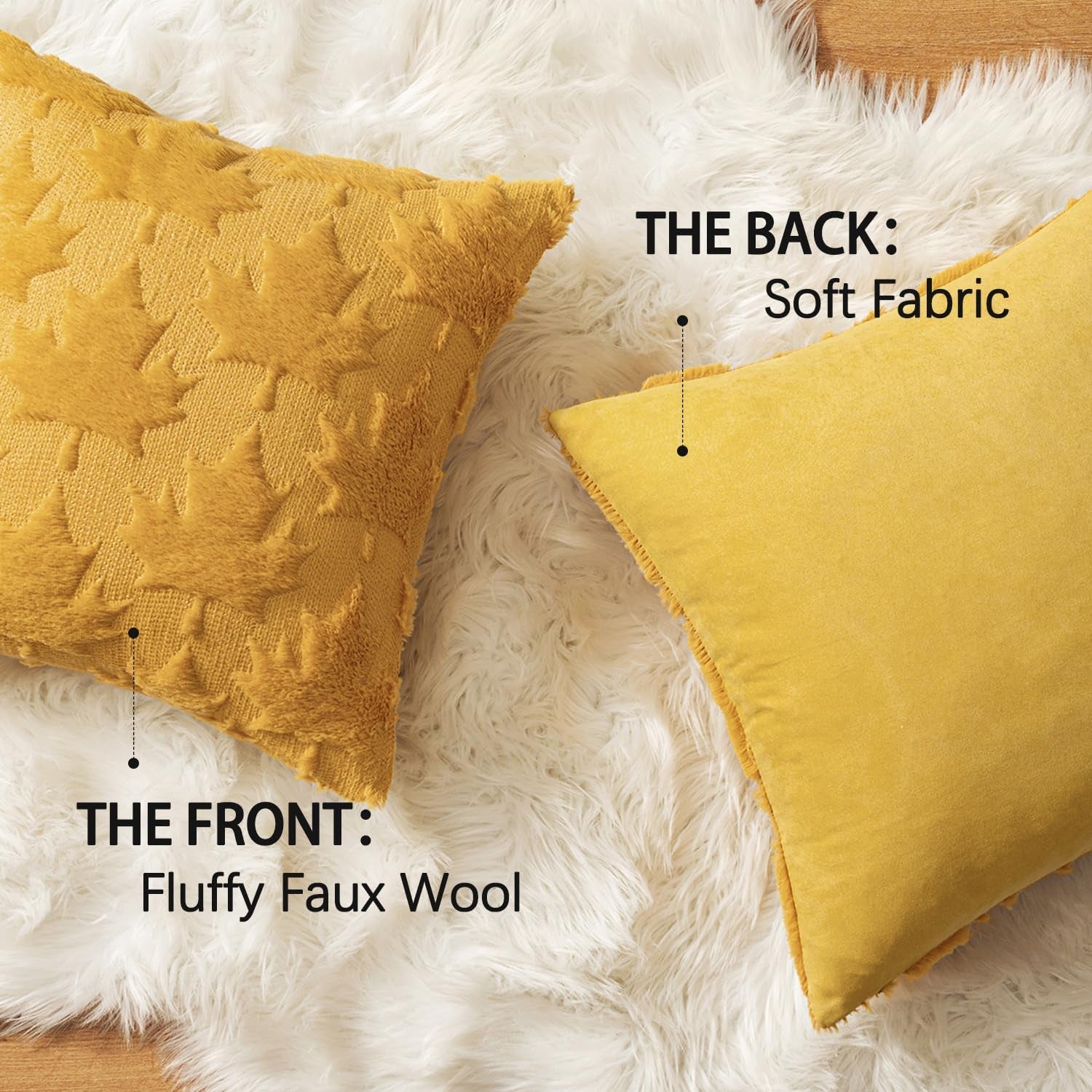 Fall Autumn Throw Pillow Covers 18X18 Mustard Yellow Set of 2 Thanksgiving Decorative Solid Maple Leaf Accent Pillow Covers Soft Plush Faux Wool for Home Decor Holiday Outdoor Porch Bedroom