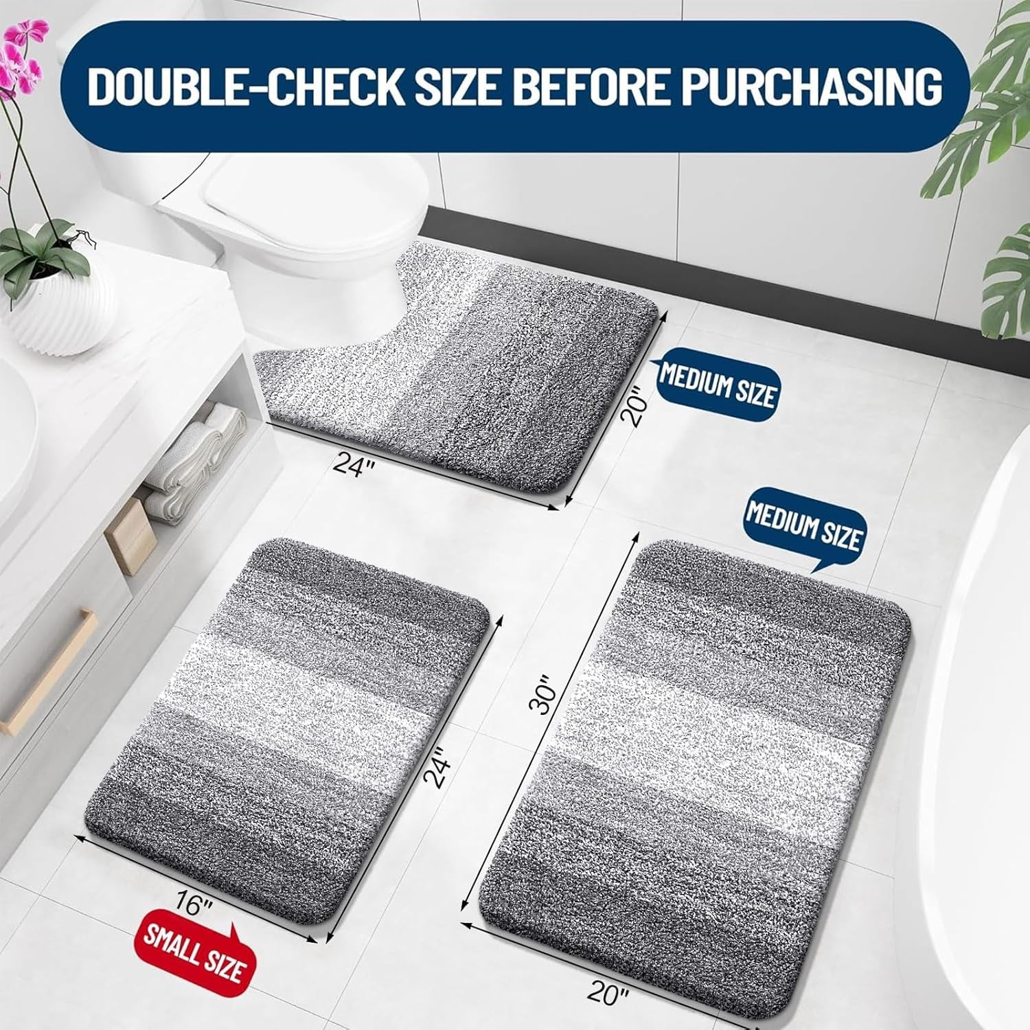 Bathroom Rugs Sets 3 Piece, Soft Absorbent Microfiber Bath Mats and U-Shaped Contour Toilet Rug, Plush Shaggy Bath Mat Set for Bathroom (30"X20"+24"X16"+24"X20", Grey)