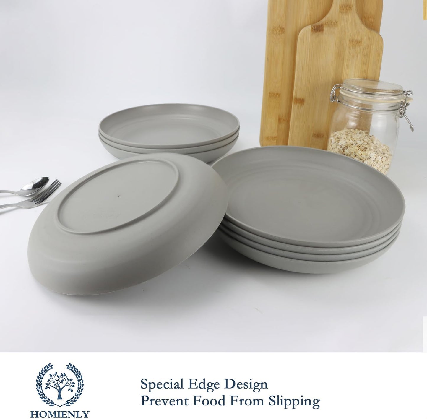 Deep Dinnerware Set of 12 - Eco-Friendly Wheat Straw Plates, Microwave and Dishwasher Safe, Unbreakable Design for Children (Grey, 10 Inches)