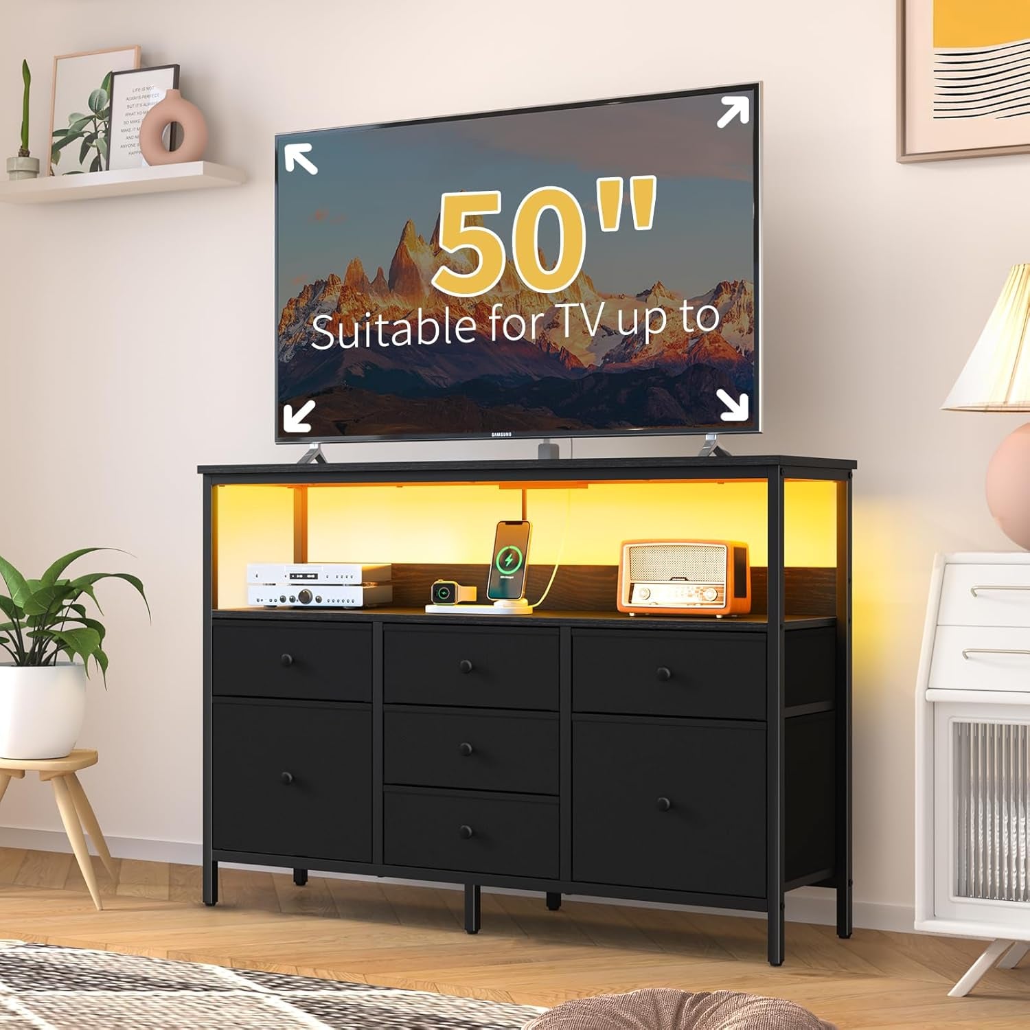 LED TV Stand for Bedroom, 50 Inch Kids Dresser with Power Outlets, 7 Drawers Entertainment Center with Storage Shelf, TV Stands Dresser for Bedroom, Living Room, TV Console Entertainment Stand
