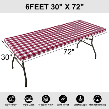 Rectangle Picnic Table Cloth, Elastic Waterproof Fitted Vinyl Tablecloths, Flannel Backed Buffalo Plaid Table Covers for Dining, Camping, Outdoor (Burgundy and White, 30" X 72")