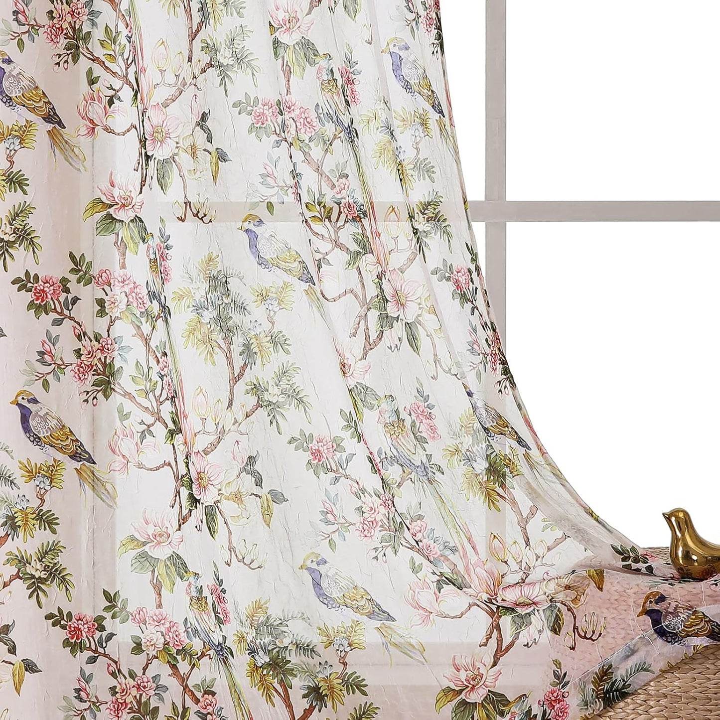 Crushed Sheer Curtains Tiers 36 Inch Length 2 Panels, Printed Design Small Half Curtains Kitchen Tiers Bathroom Cafe Bedroom Living Room, Light Filtering Curtain, Each 42"X36"