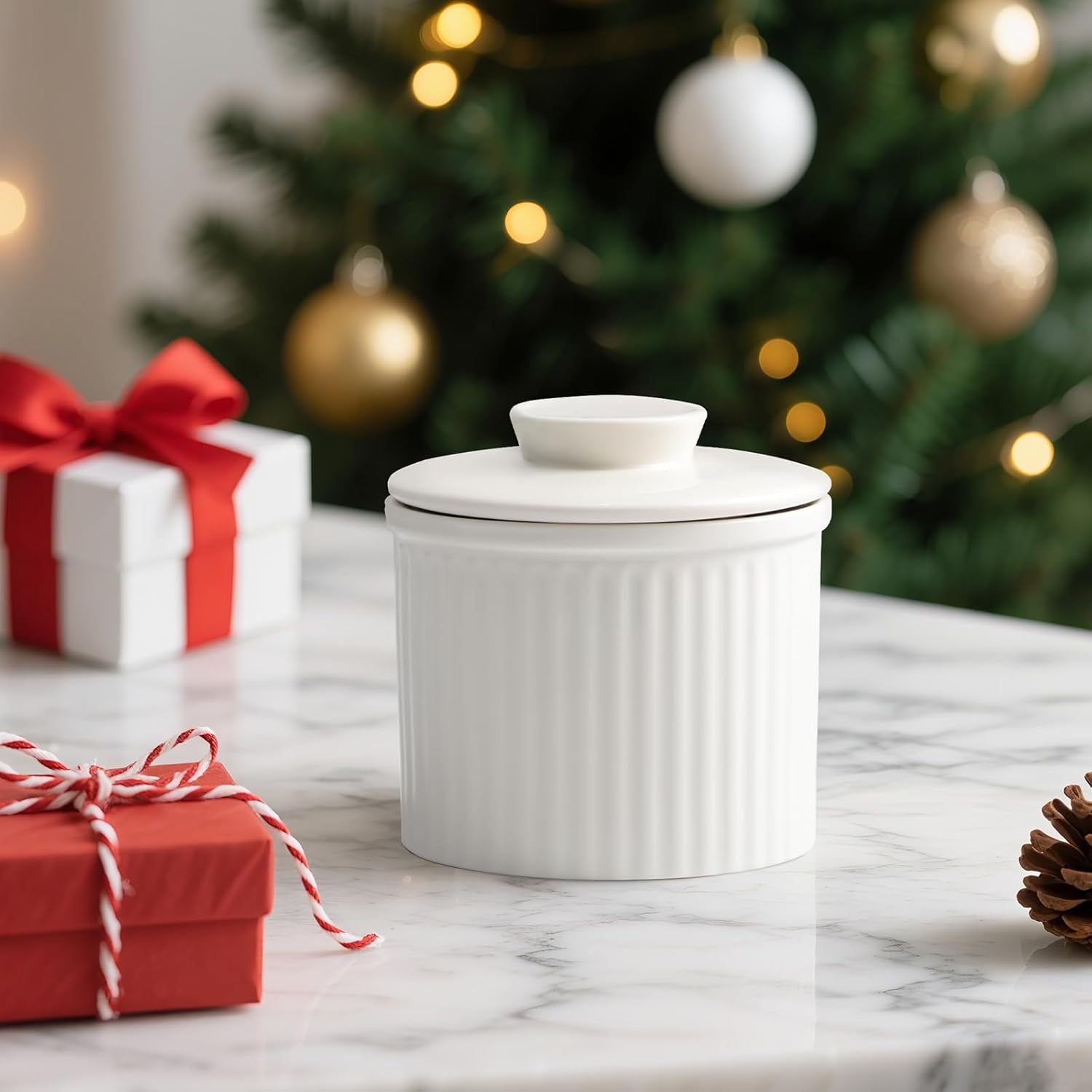 Large Butter Crock for Counter with Water Line, Butter Keeper, Ceramic French Butter Dish Holder for Fresh Spreadable Soft Butter (White, 8 Ounce)