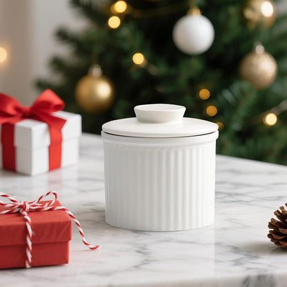 Large Butter Crock for Counter with Water Line, Butter Keeper, Ceramic French Butter Dish Holder for Fresh Spreadable Soft Butter (White, 8 Ounce)