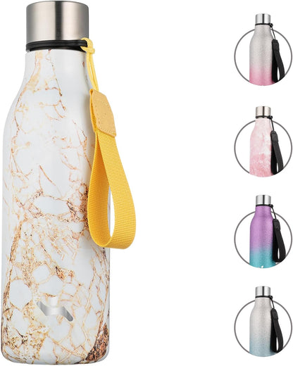 Insulated Water Bottle with Strap,18 Oz Double Wall Stainless Steel Vacuum Bottles Metal Water Flask,Marble Amber