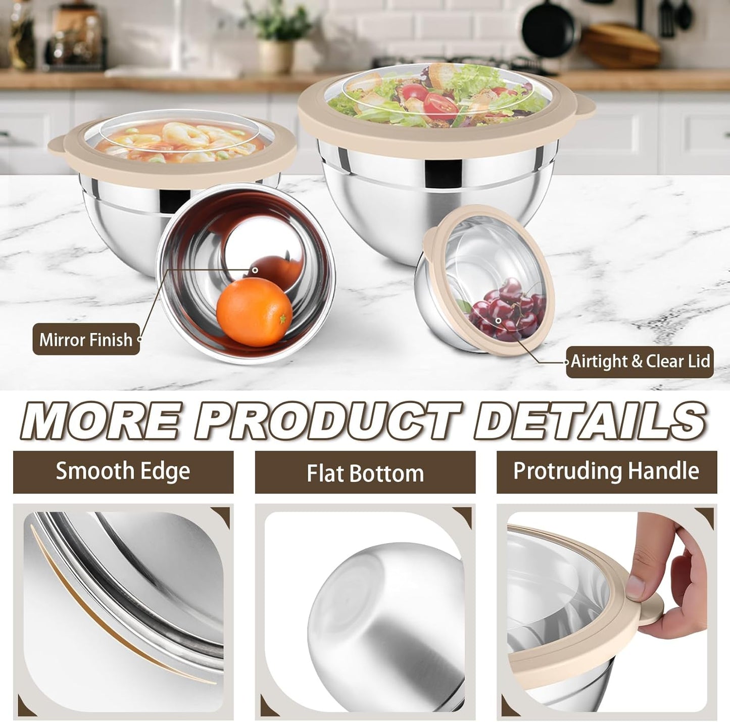 Mixing Bowl with Lid Set of 7, Stainless Steel Nesting Salad Bowls for Cooking Serving Prepping, Clear Lids & Stackable Design, Size 4.6, 3.5, 3, 2, 1.5, 1, 0.7 Qt - Khaki