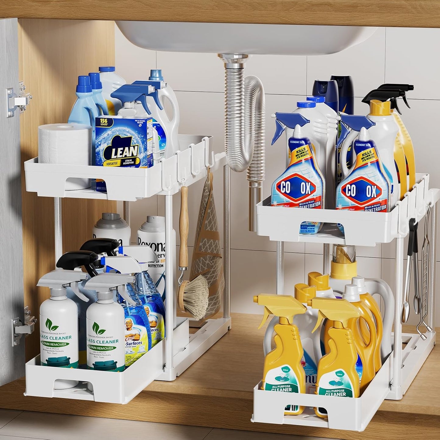 under Sink Organizers and Storage, 2 Pack Pull Out Kitchen Bathroom Cabinet Organizer, 2 Tier White under Sink Storage for Bathroom Kitchen, under Counter Storage Organizer with 8 Hooks