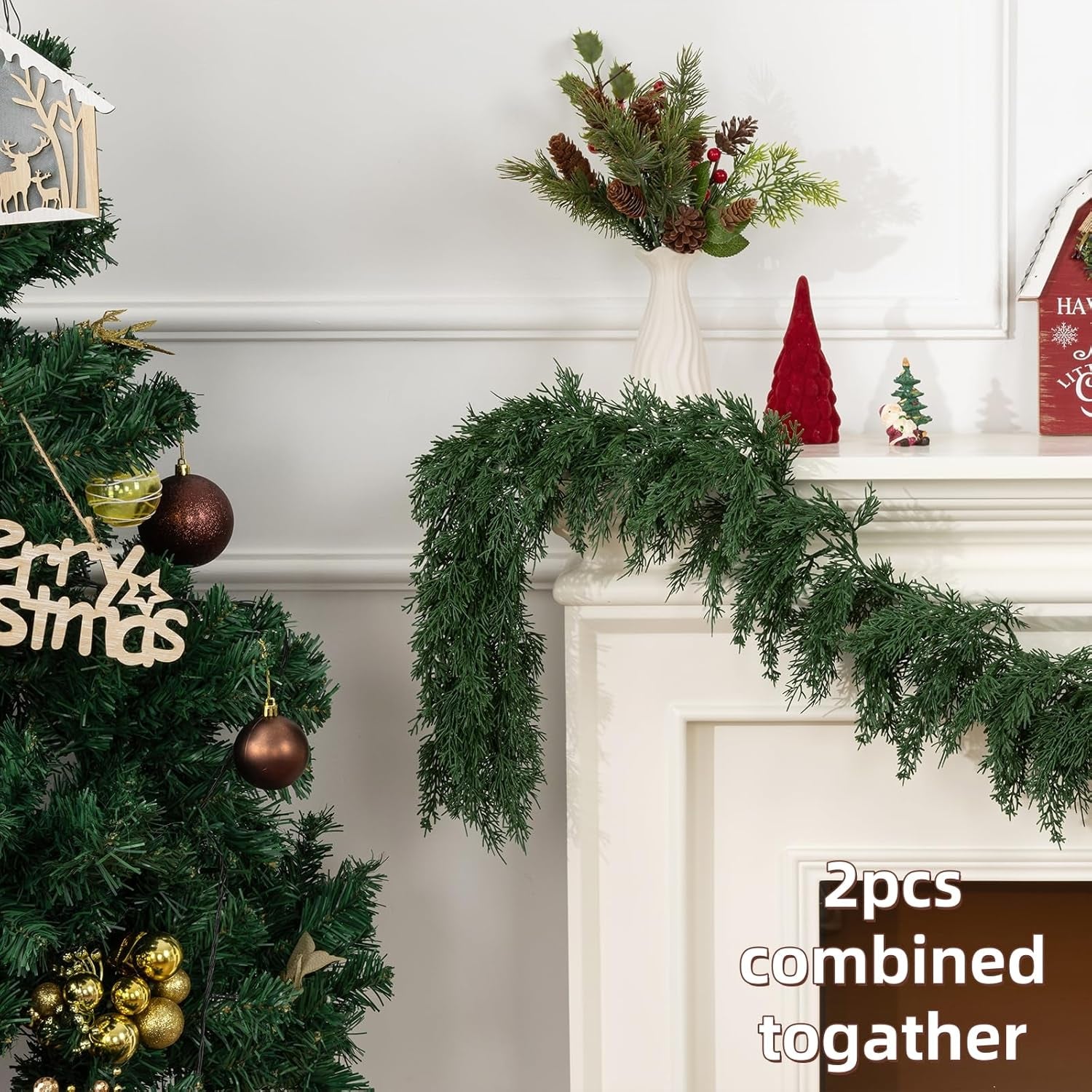 2Pcs Artificial Cedar Garland Real Touch Winter Pine Seasonal Christmas Greenery Garland for Table Mantle Background Wall Decorations (2, 6.4 FT)