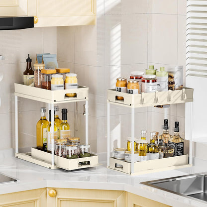 under Sink Organizers and Storage, 2 Pack Pull Out Kitchen Bathroom Cabinet Organizer, 2 Tier Beige under Sink Storage for Bathroom Kitchen