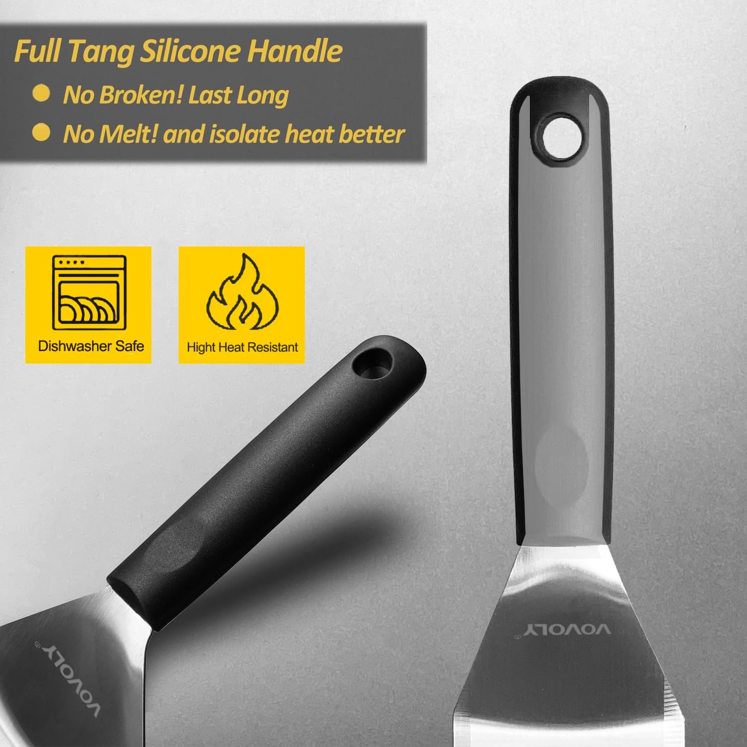Stainless Steel Spatula Set with Full Tang Silicone Handle & Beveled Edges - Long Wide for Cast Iron Griddle BBQ Flat Top Grill, Pancake, Smash Burgers