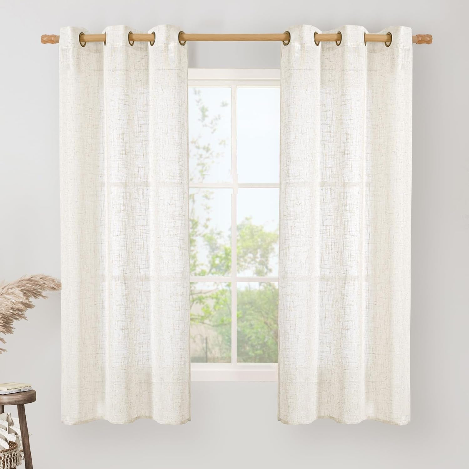 Linen Semi Sheer Curtains 63 Inch Length 2 Panels, Light Filtering Neutral Window Bedroom Curtains Farmhouse Boho Bronze Grommet Drapes for Kitchen/Living Room, Cream, 34 X 63 Inch