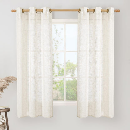 Linen Semi Sheer Curtains 63 Inch Length 2 Panels, Light Filtering Neutral Window Bedroom Curtains Farmhouse Boho Bronze Grommet Drapes for Kitchen/Living Room, Cream, 34 X 63 Inch