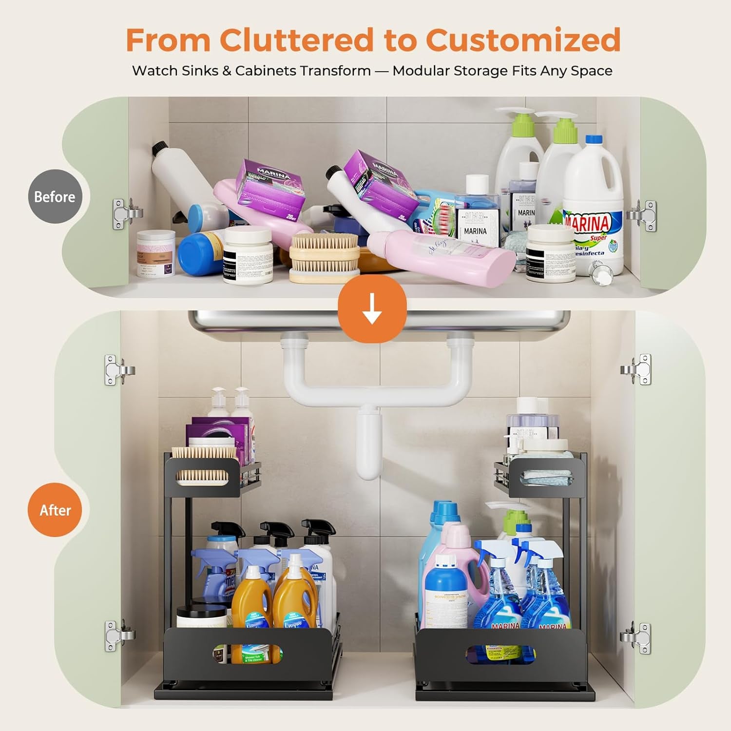 2 Pack Metal under Sink Organizers and Storage, 2 Tier Pull Out under Cabinet Organizer for Kitchen Bathroom, Adjustable under Sink Shelf for under Counter Storage Organizer, Black