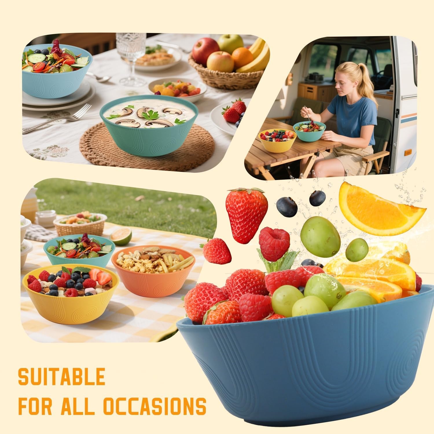 Wheat Straw Bowl Set of 6 - 36oz Textured Cereal and Soup Bowls, Microwave and Dishwasher Safe, Eco-Friendly Alternative for Serving Ramen, Salad, and More
