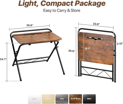 Folding Desk with Adjustable Height and Tablet Slot, 24-Inch Space-Saving Computer Desk for Home Office, Bedroom, and Study in Rustic Brown