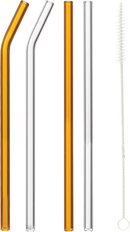 4-Pack Reusable Glass Straws,Size 8''X 8 Mm,Clear/Amber Glass Straws, 2 Straight and 2 Bent with 1 Cleaning Brush Glass Straw Set-Perfect for Smoothies, Milkshake, Iced Coffee,Juice,Tea