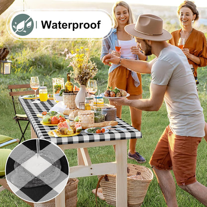 Buffalo Rectangle Picnic Tablecloth, 6 Foot Elastic Fitted Vinyl Table Cloth with Flannel Backing, Waterproof Plaid Table Covers for Dining, Camping, Outdoor (Black and White, 30" X 72")