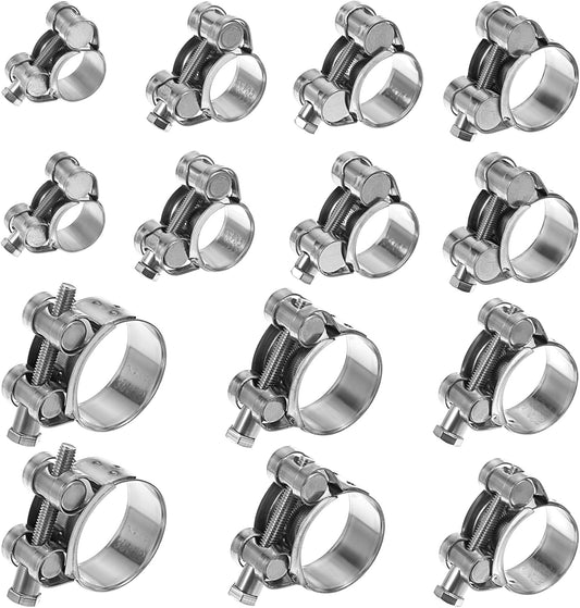 14-Piece Stainless Steel T-Bolt Hose Clamp Set, 7 Size Variations for Turbo Intake, Heavy-Duty Intercooler Pipe and Radiator Hose Applications (17-39mm)