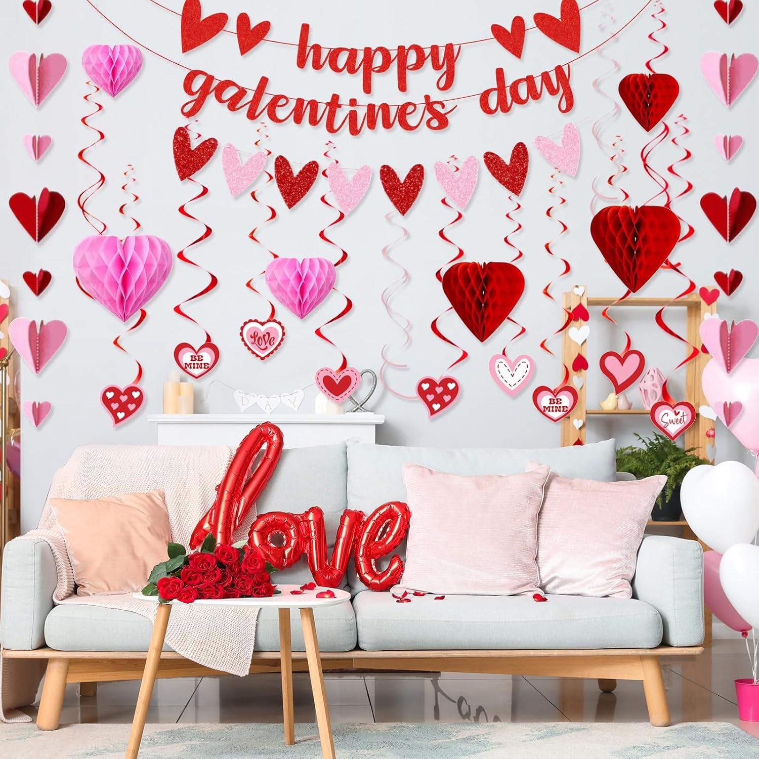 Galentines Day Decorations for Party, Happy Galentine’S Day Heart Banner Garland, Galentines Day Party Supplies with Hanging Streamers Heart Honeycombs Swirls for Girls Ladies Celebration