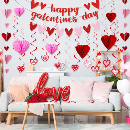 Galentines Day Decorations for Party, Happy Galentine’S Day Heart Banner Garland, Galentines Day Party Supplies with Hanging Streamers Heart Honeycombs Swirls for Girls Ladies Celebration