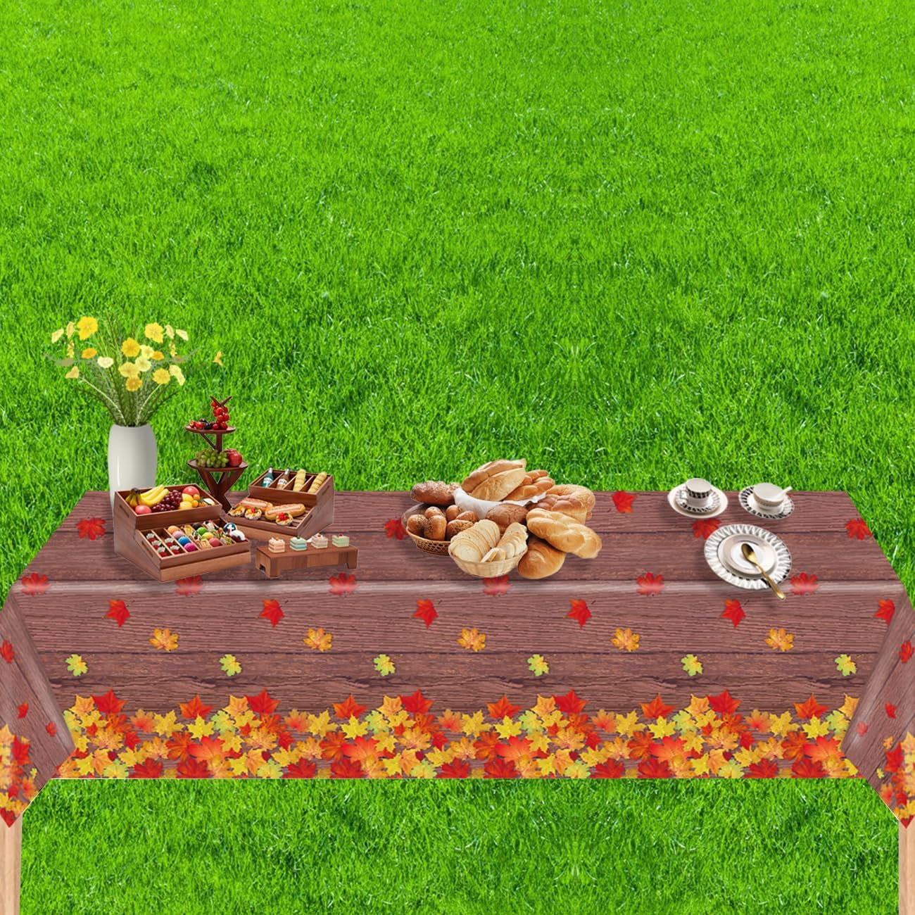 3 Pack Fall Wood Grain Maple Leaves Tablecloth 54 X 108 Inch Thanksgiving Party Tablecovers Disposable Waterproof Plastic Autumn Harvest Theme Table Cloth Rectangle for Dinner Home Table Decor
