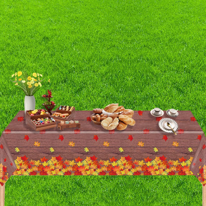 3 Pack Fall Wood Grain Maple Leaves Tablecloth 54 X 108 Inch Thanksgiving Party Tablecovers Disposable Waterproof Plastic Autumn Harvest Theme Table Cloth Rectangle for Dinner Home Table Decor