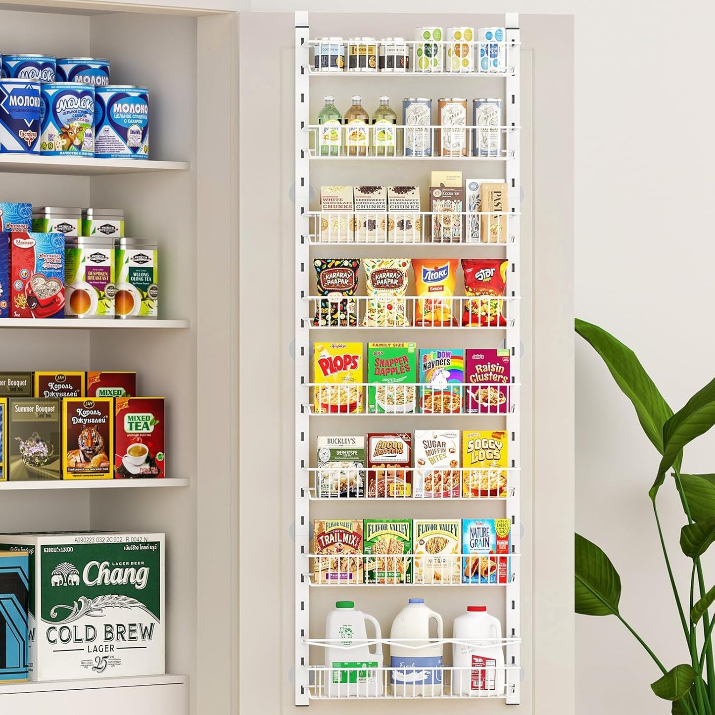 over the Door Pantry Organizer, 8-Tier Adjustable Spice Rack Cabinet Door Shelves, Hanging Seasoning Organizer for Kitchen Bathroom, Laundry Room Organization, White