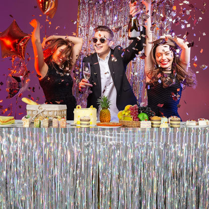 2 Pack Iridescent Table Skirt, Metallic Foil Fringe Tinsel Table Skirts for Rectangle Tables, Disposable Laser Rainbow Table Skirt Iridescent Party Decorations for Birthday Wedding Holiday, 29X108Inch