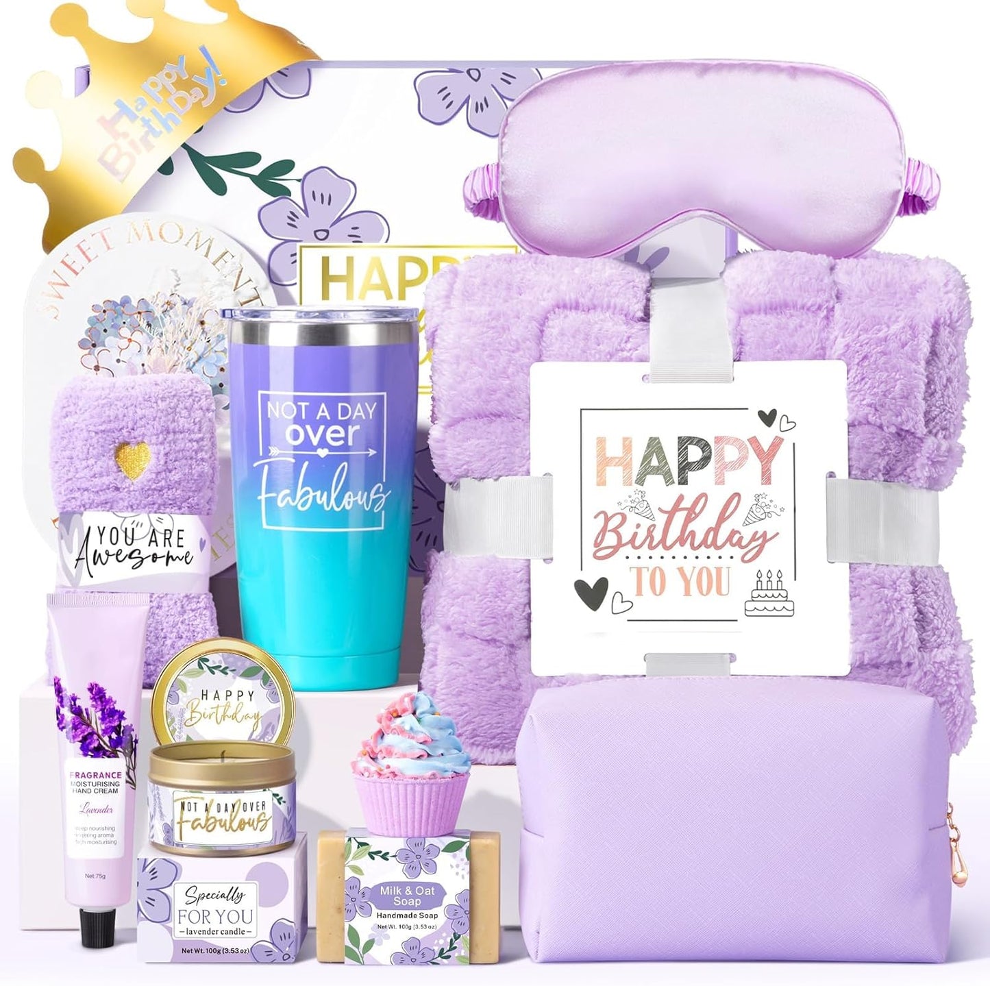 Birthday Gifts for Women Friendship, Unique Happy Birthday Gift Basket for Mom Wife Her Best Friend Sister Girlfriend Coworker W/Flannel Blanket, Luxury Self Care Box Lavender Relaxing Spa Gifts Set