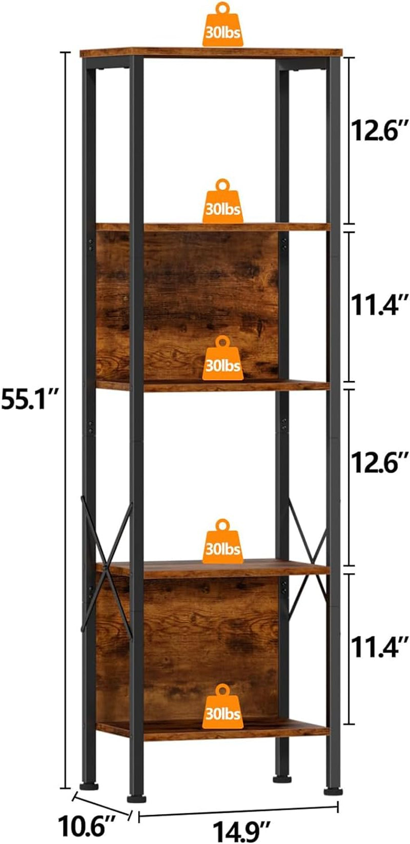 5 Tier Tall Bookshelf with Back, Display Narrow Bookcase, Industrial Storage Corner Shelves Organizer for Bedroom, Living Room, Entryway, Kitchen, Rusitc Brown