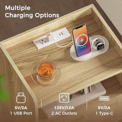 Set of 2 Nightstands with Charging Station and PE Rattan Decor Drawer, Solid Wood Feet, Suitable for Bedroom and Living Room - Natural Finish