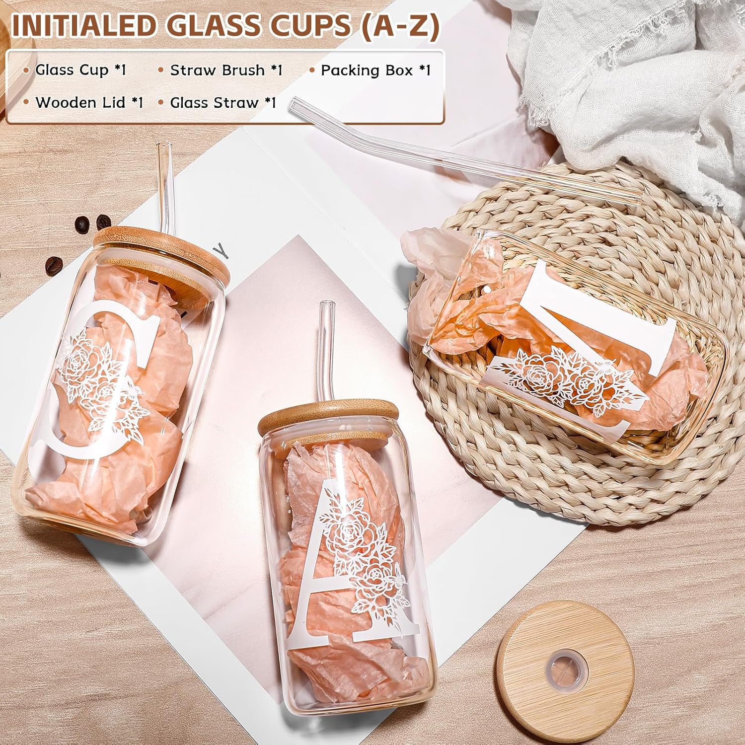 Gifts for Holidays,Birthday Gifts for Women,Personalized Initial Glass Cup as Iced Coffee Cups,Aesthetic Smoothie Cup Cute Beer Tumbler,16 Oz Glass Cups with Lids and Straws-D(1Psc)