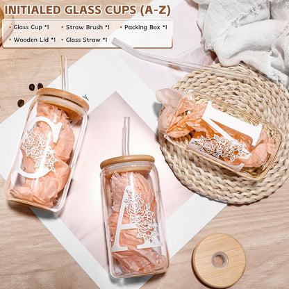 Gifts for Holidays,Birthday Gifts for Women,Personalized Initial Glass Cup as Iced Coffee Cups,Aesthetic Smoothie Cup Cute Beer Tumbler,16 Oz Glass Cups with Lids and Straws-D(1Psc)