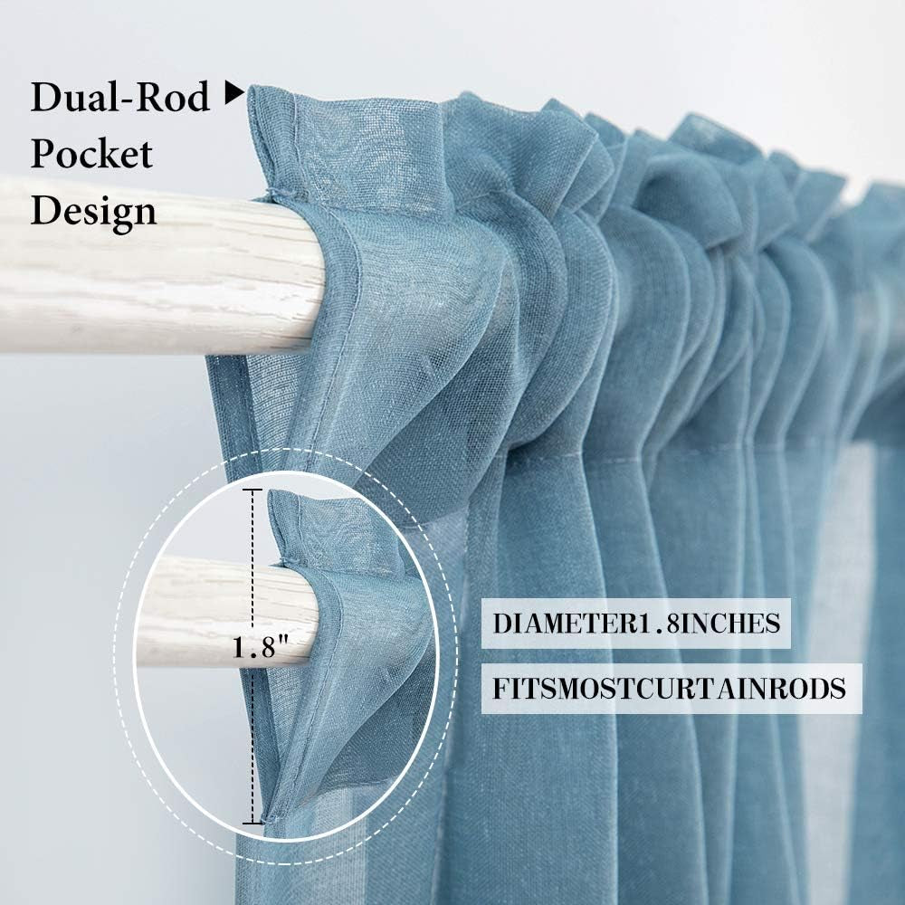 Solid Sheer Dusty Blue Valance Kitchen Linen Look Window Curtain,Living Room Windows Voile Valance Rod Pocket 1 Panels (60" W X 18" L)