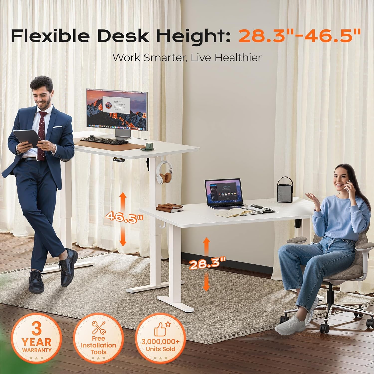 55" x 28" Large Electric Height Adjustable Standing Desk, 27.6" Deep Desktop, Ergonomic Gaming and Office Table with 2 Hooks and 3 Preset Heights, Ideal for Home Office, White