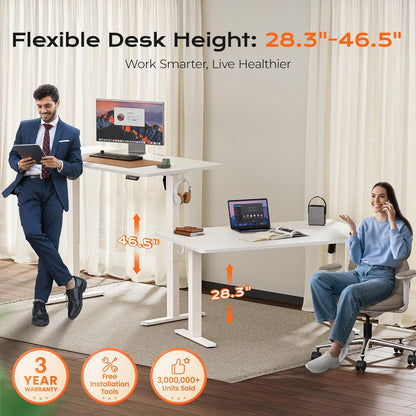 55" x 28" Large Electric Height Adjustable Standing Desk, 27.6" Deep Desktop, Ergonomic Gaming and Office Table with 2 Hooks and 3 Preset Heights, Ideal for Home Office, White