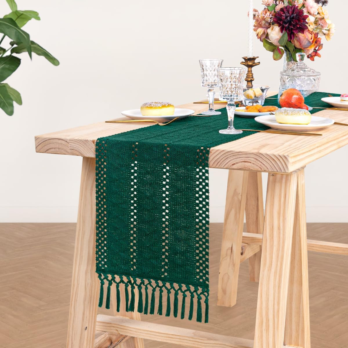 Macrame Table Runner 12 X 36 Inches Boho Farmhouse Table Runner with Tassels Cotton Linen Woven Table Runner for Spring Dining Table Home Decor, Emerald Green