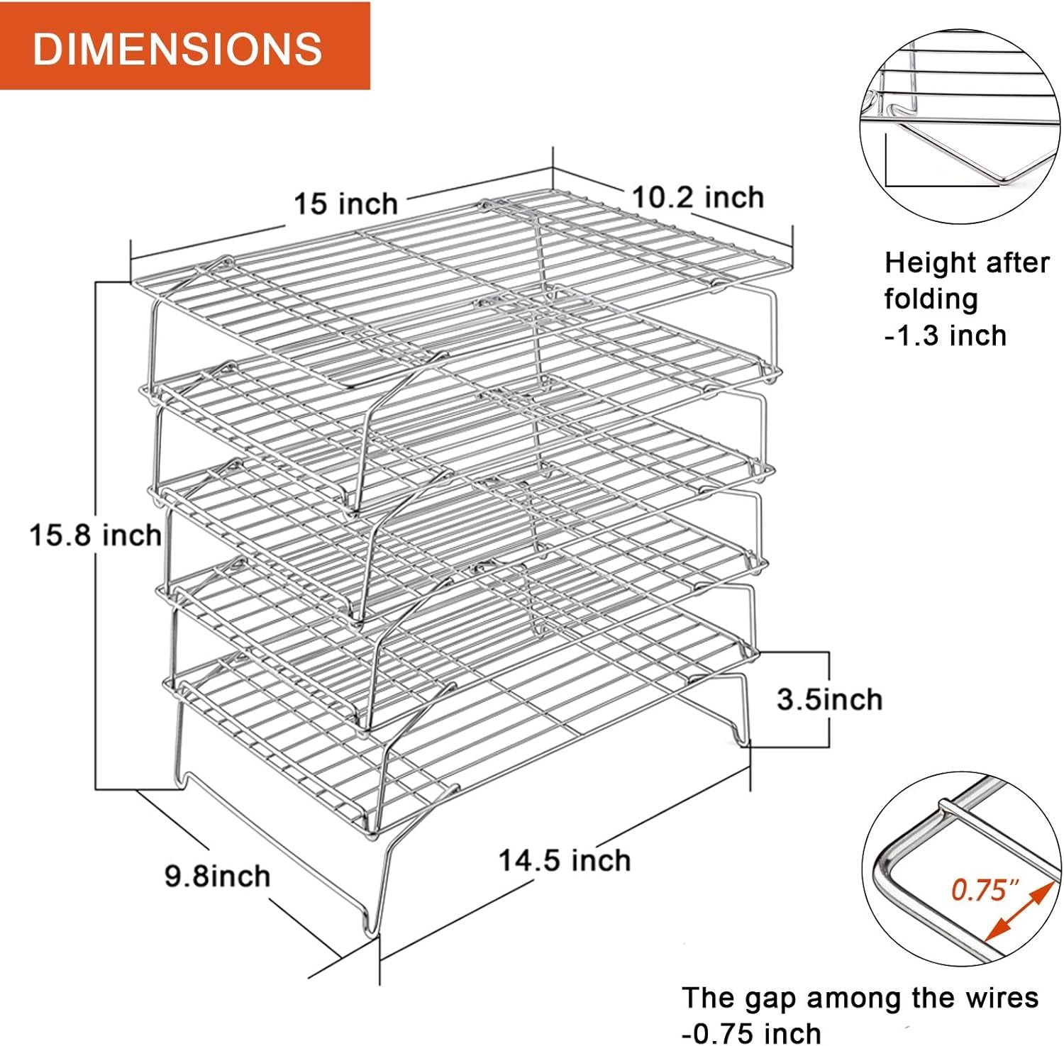 Cooling Rack, 5-Tier Stainless Steel Stackable Baking Cooking Racks for Cooling Roasting Grilling, Collapsible & Heavy Duty, Oven Safe & Easy Clean, 15" X 10", Silver