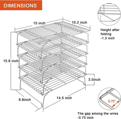 Cooling Rack, 5-Tier Stainless Steel Stackable Baking Cooking Racks for Cooling Roasting Grilling, Collapsible & Heavy Duty, Oven Safe & Easy Clean, 15" X 10", Silver