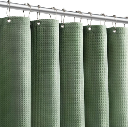 Cotton Touch Shower Curtain Heavy Duty Green Waffle Textured Shower Curtain with Hooks 54 Wx78 L