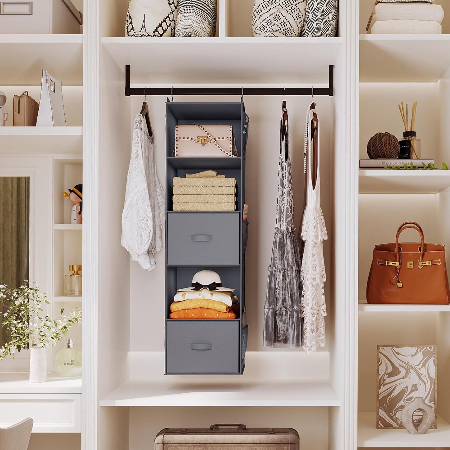 Hanging Closet Organizer, 5 Tier Hanging Closet Shelves with Drawers and 6 Side Pockets, Grey