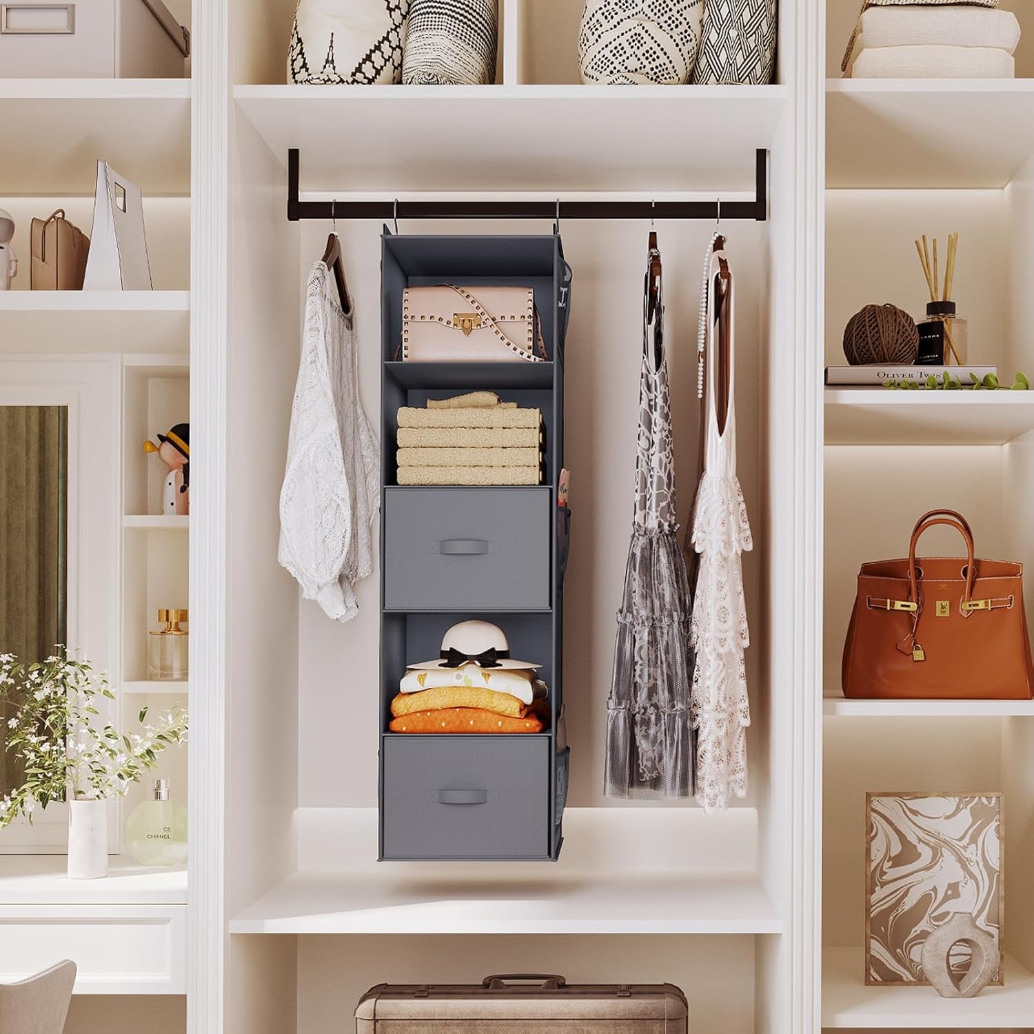 Hanging Closet Organizer, 5 Tier Hanging Closet Shelves with Drawers and 6 Side Pockets, Grey