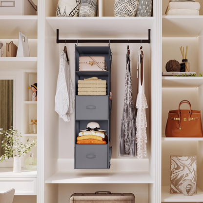 Hanging Closet Organizer, 5 Tier Hanging Closet Shelves with Drawers and 6 Side Pockets, Grey