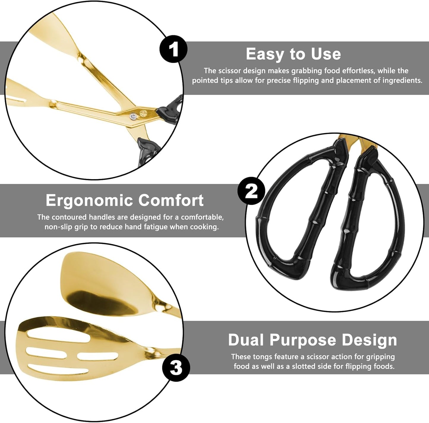 3-Pack Buffet Kitchen Tongs for Serving Food, 10 Inch Gold Stainless Steel Food Scissor Tongs with Non-Slip Handle, Catering Utensil for Bread Salad Cake Steak