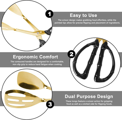 3-Pack Buffet Kitchen Tongs for Serving Food, 10 Inch Gold Stainless Steel Food Scissor Tongs with Non-Slip Handle, Catering Utensil for Bread Salad Cake Steak
